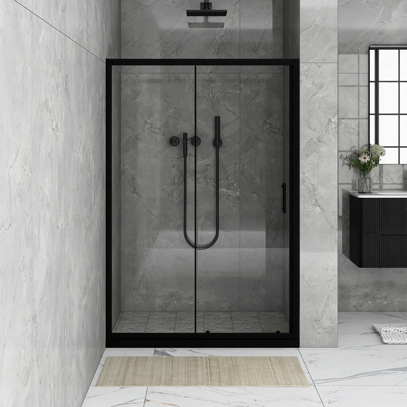 48 In. W X 72 In. H Sliding Framed Shower Door In Matte Black Finish With Clear Tempered Glass