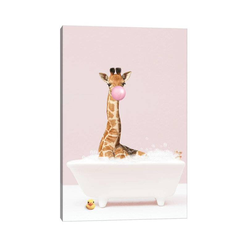 Baby Giraffe With Bubblegum In Bathtub by Tiny Treasure Prints - Gallery-Wrapped Canvas Giclée on Canvas, Canvas