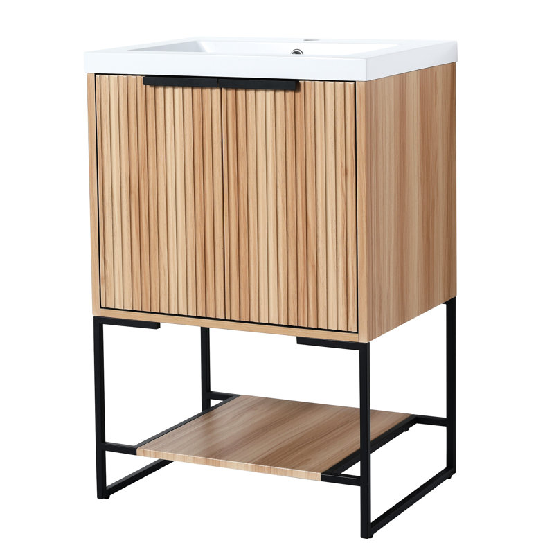 Armoire de salle de bain autoportante de 24 pouces - Lavabo en résine, fermeture en douceur, espace de rangement suffisant avec décoration moderne, porte à fermeture en douceur pour, option de rangement