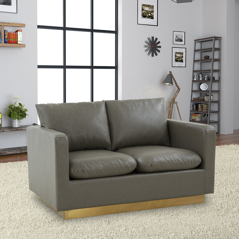 Berengarius Leather Loveseat with Gold Stainless Steel Base, Gray  Faux Leather