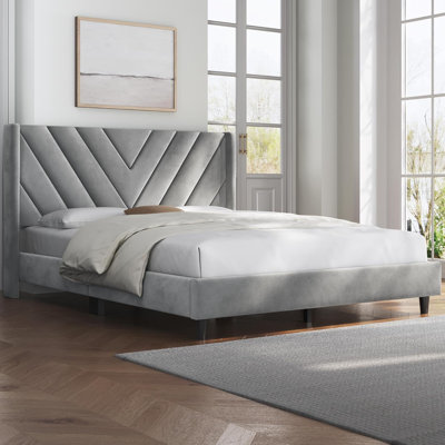 Enfield Queen Bed Frame Upholstered Platform Bed with Wing Side/Wooden Slat Support/Tufted Headboard with Wing Side/Mattress Foundation/No Box Spring Needed,Light Grey Queen Bed