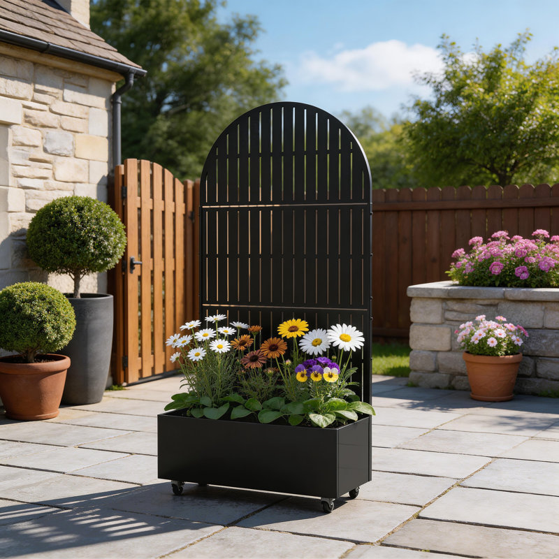 Metal Planter Box with Trellis and Wheels, 70.8" H x 35.5" W x 15.7" D, Black