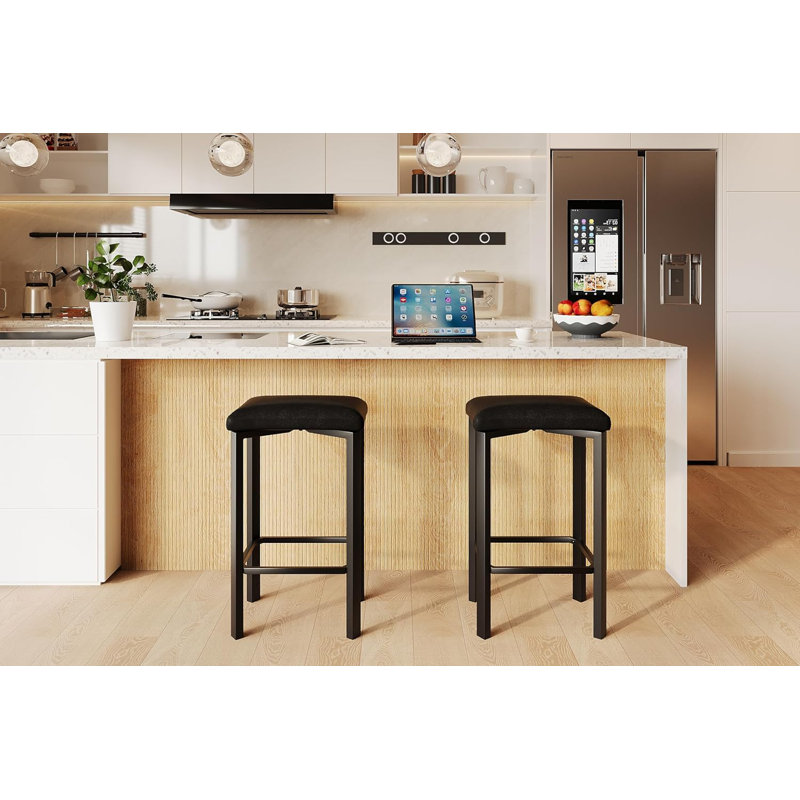 24" Bar Stools Set of 2, Counter Height, PU Leather Seat, Metal Frame, Kitchen Island, Black, Black, 2