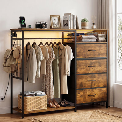 Commode en tissu multi-tiroirs avec support à vêtements, rangement ouvert, station de charge et lumières DEL, 4 tiroirs