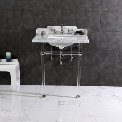Lavabo console en marbre Carrara de 30 po avec pieds en acrylique Kingston White LMS30MASQ8 Kingston, marbre blanc / nickel brossé