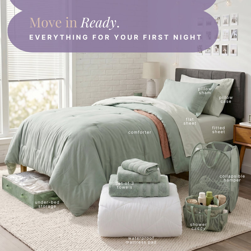 Back to College Kit, Twin xl Bed in a Bag With College Essentials, Sage Green