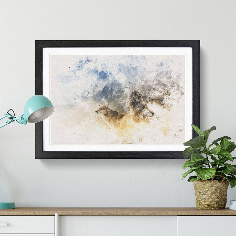 Wolves Howling In The Forest Watercolour - Framed Print, Black, 45cm H x 63cm W x 2cm D