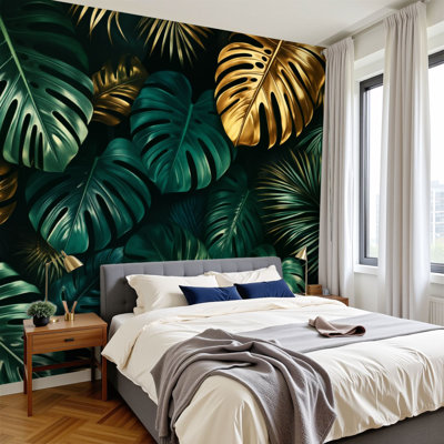 Peel and Stick Wallpaper Tropical Leaves Golden Green Hues Dark Wall Murals 100"H x 144"W Removable PVC Wall Paper Self-Adhesive Wall Paintings Art Decor for Bedroom Living Room