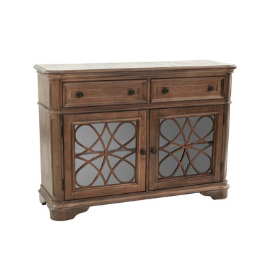 Buffet de style contemporain en chêne, idéal pour la salle à manger. Il a deux tiroirs, des portes vitrées et des poignées rondes. Ce meuble de rangement monobloc est offert en plusieurs finitions.