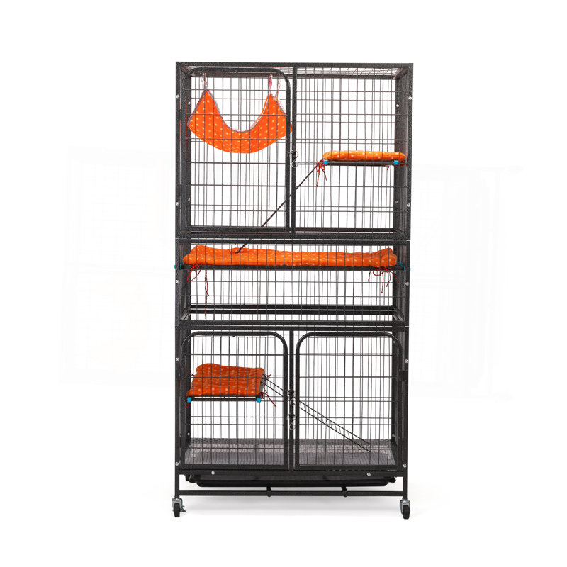 Cage pour animal de compagnie de 4 étages, cage à lapin avec échelle, roues verrouillables et plateau amovible, noir et orange