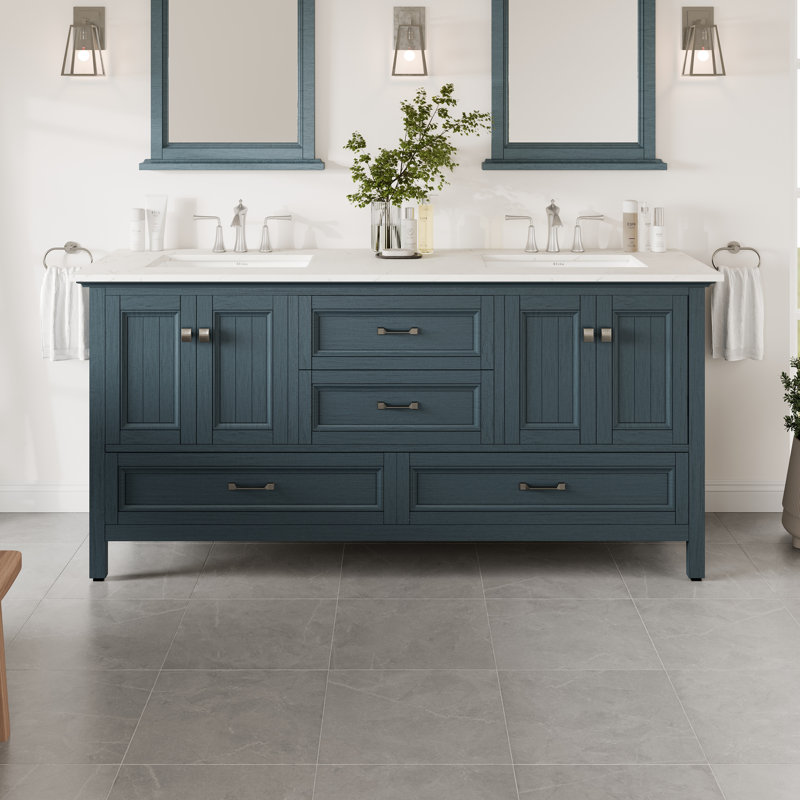 Ensemble de meuble-lavabo double 84 po Didomenico, Bleu cendré, Quartz - blanc de Carrare