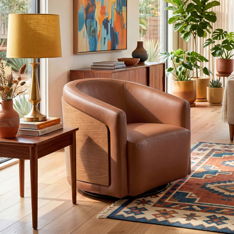 Delwood Faux Leather Modern & Comfort Swivel Barrel Chair, Deep Brown