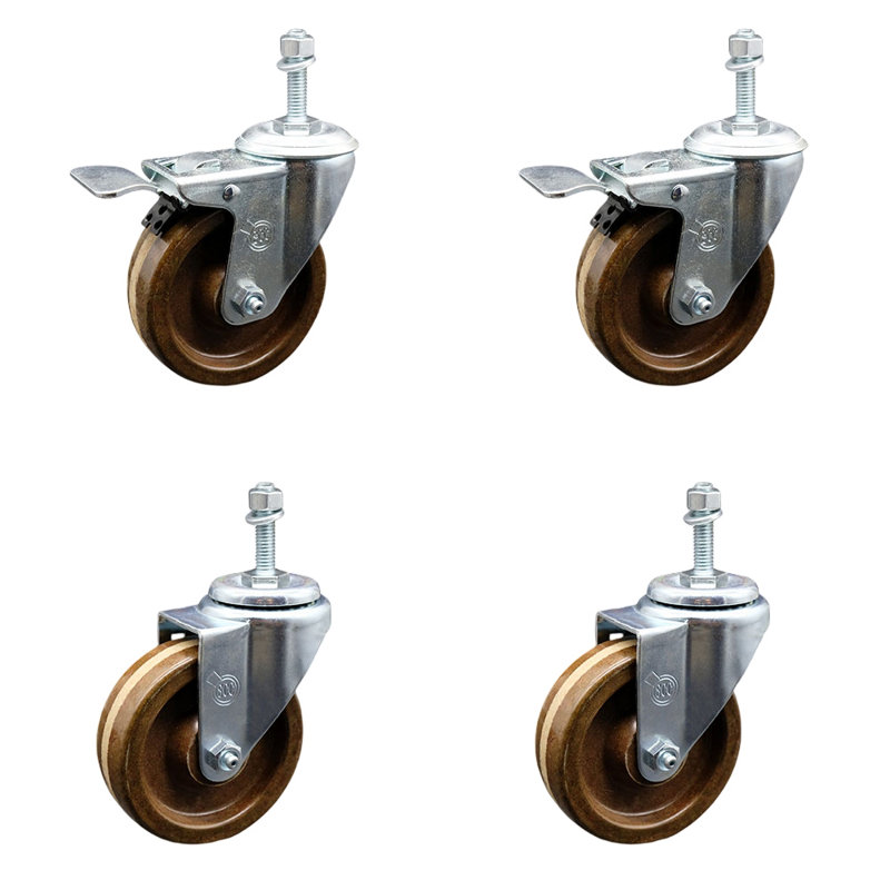 Ensemble de roulettes à tige pivotantes à haute température de 4 pouces, 3/8 pouce, 2 freins à verrouillage total SCC