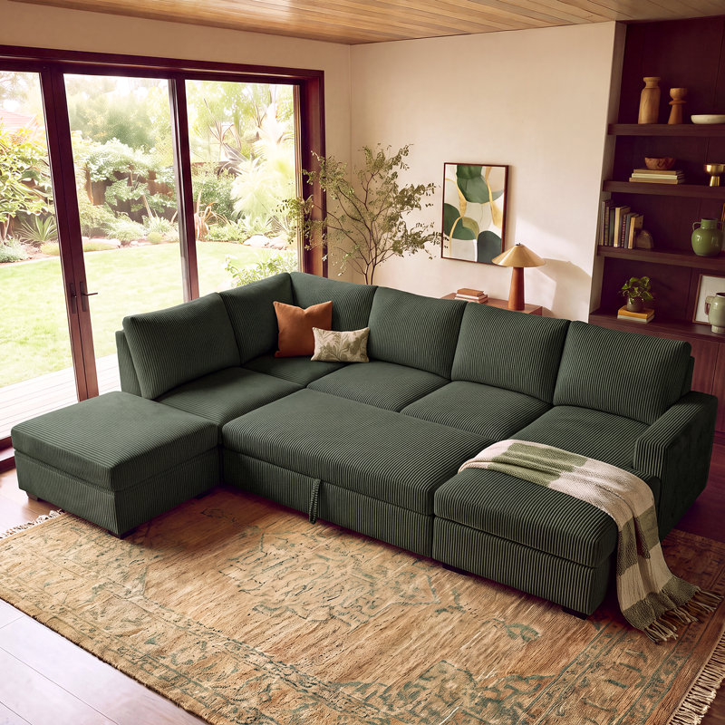 Brunella 111.4'' W Corduroy Modular Sleeper Sectional with Storage, Green Corduroy
