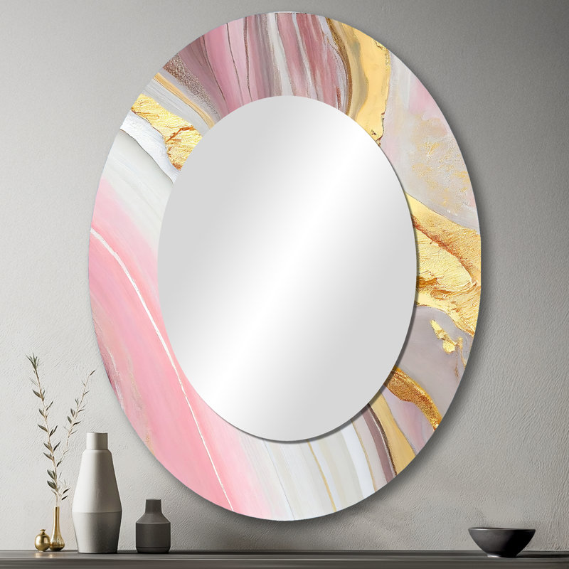 Pink And Gold Marble Abstract III - Abstract Oval Decorative Mirror On Metal, 43" x 33"