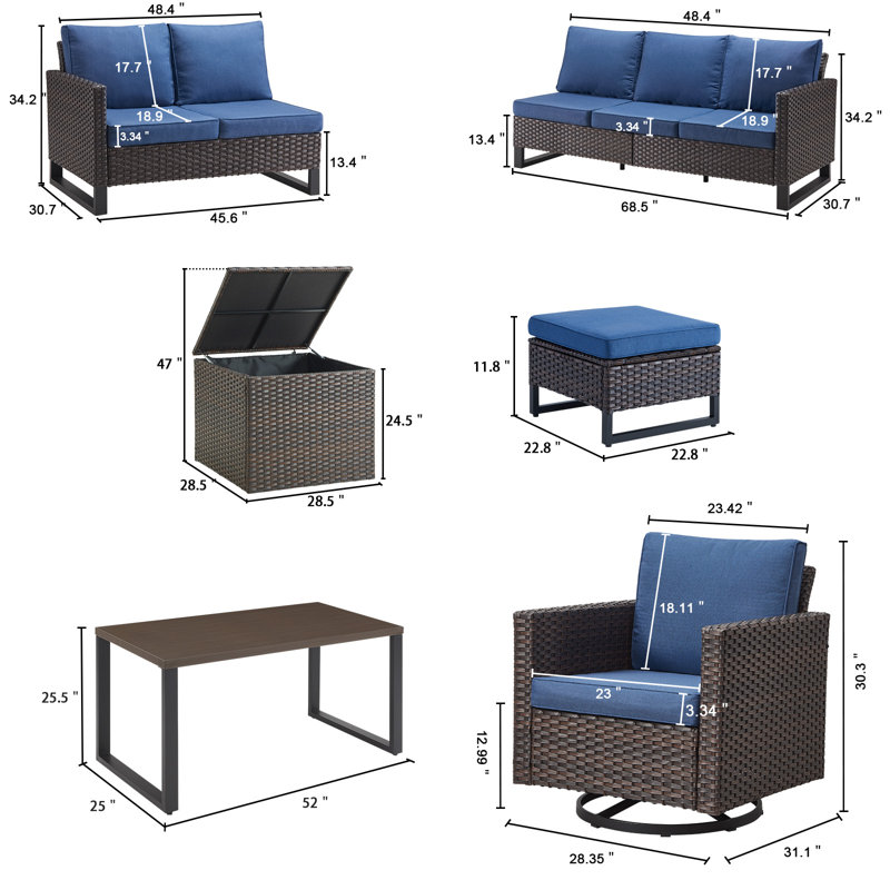 Ingvald 8- Pieces Outdoor Sectional Seating Group With Wicker Water Resistant Storage Deck Box And Cushions, Blue