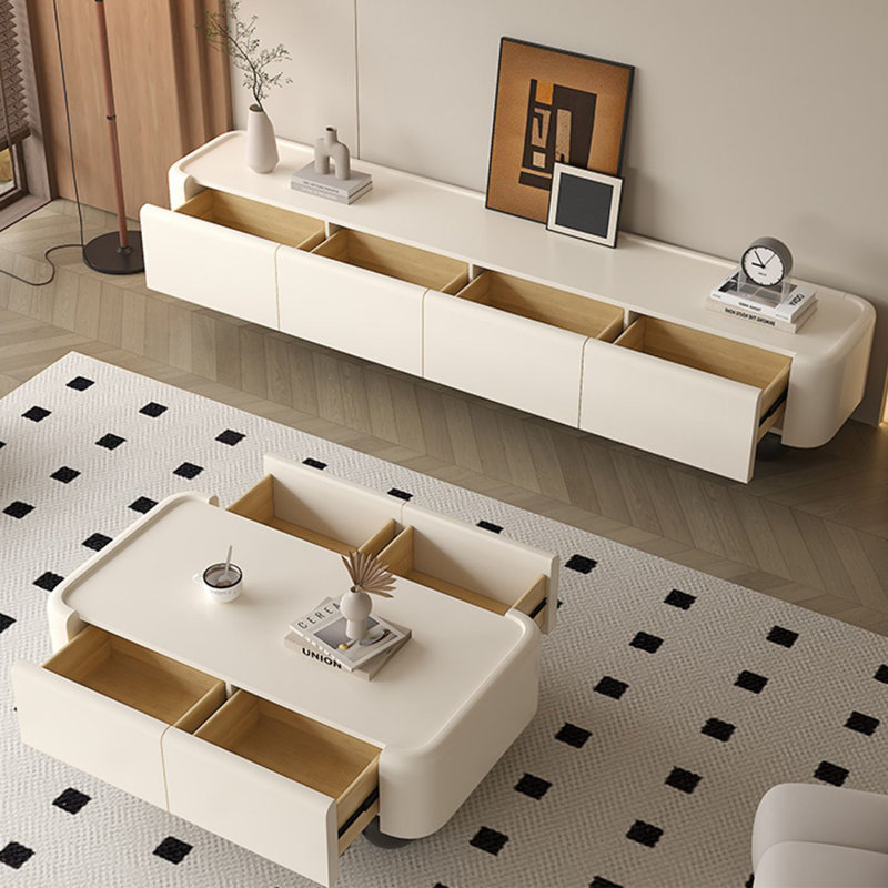 Meuble télé crème avec table basse et comptoir large, Blanc