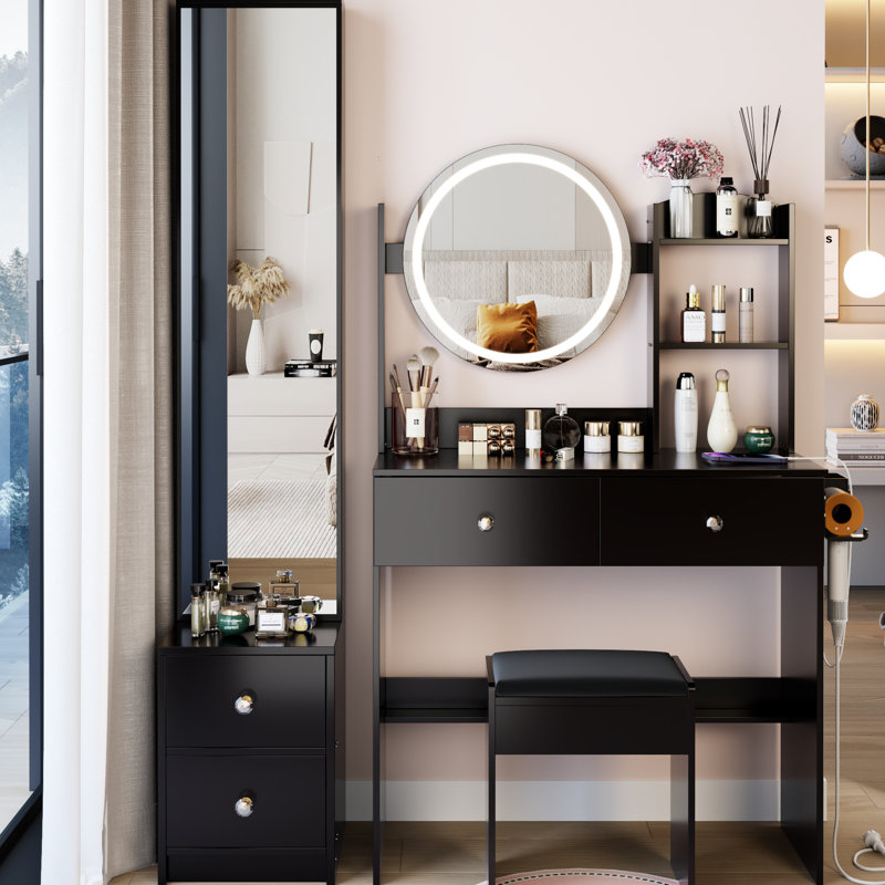 Miroir réglable de 17 po de diamètre à 3 couleurs de luminosité, armoire de toilette pleine grandeur, coiffeuse, tabouret rembourré, centrale électrique à 2 ampoules et plus, système de contrôle tactile rond