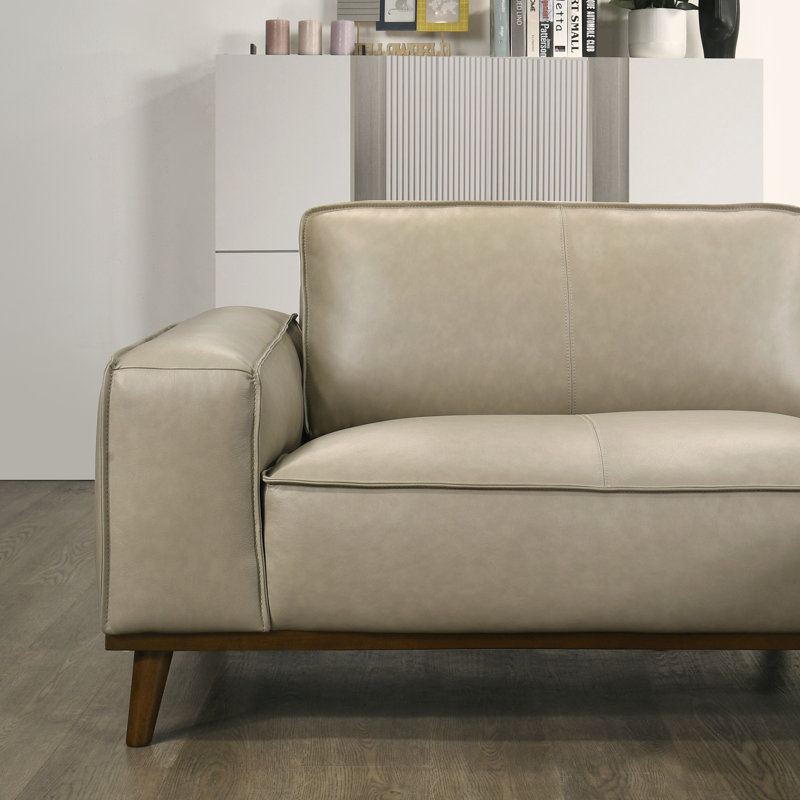 99" Blayke Genuine Leather Sectional Mid-Century Modern L-Shaped Sofa with Chaise, Beige, Right Hand Facing