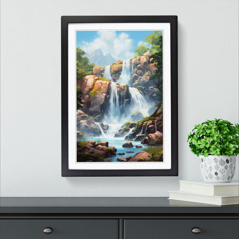 Waterfall Tachisme Art - Framed Print, 64cm H x 46cm W, Black Framed
