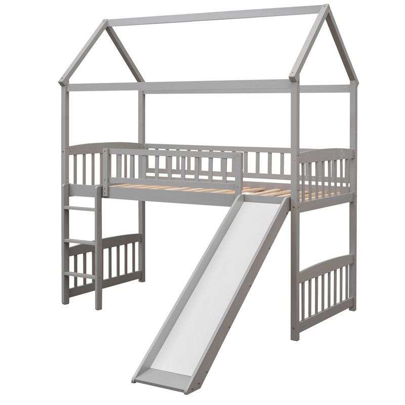 House Loft Bed With Slide, Twin Size, Gray