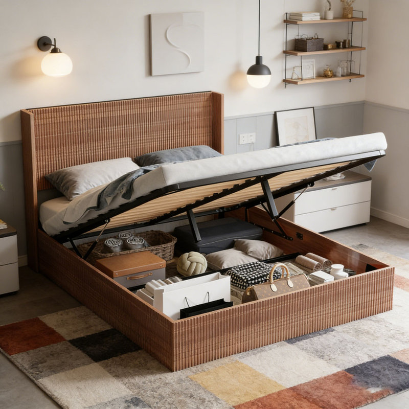 Base de lit plateforme en bois, Grand lit, Natural Wood