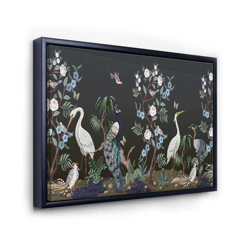 Chinoiserie avec oiseaux et pivoines IV - peinture sur toile, H 30 po x l 40 po x 1,5 po, Cadre flottant noir