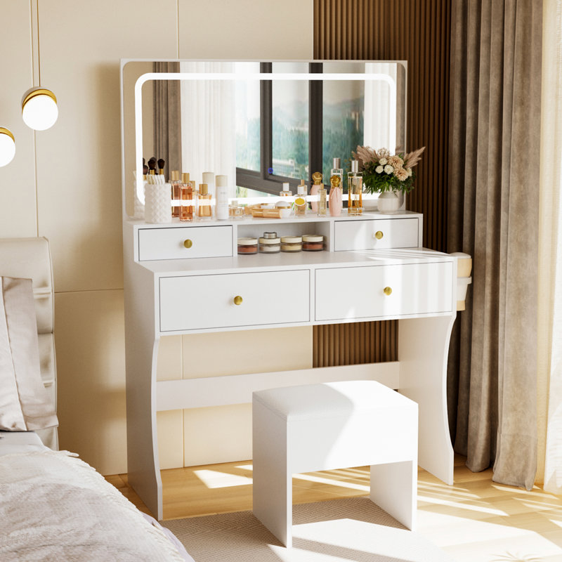 Meuble-lavabo 2 tiroirs avec miroir lumineux et tabouret de coiffeuse