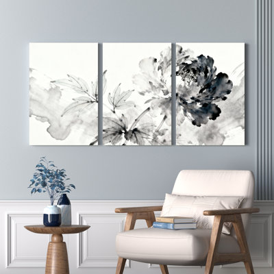 Black and White Ink Floral Canvas Wrapped Wall Art, Abstract Watercolor Print (Set of 3)