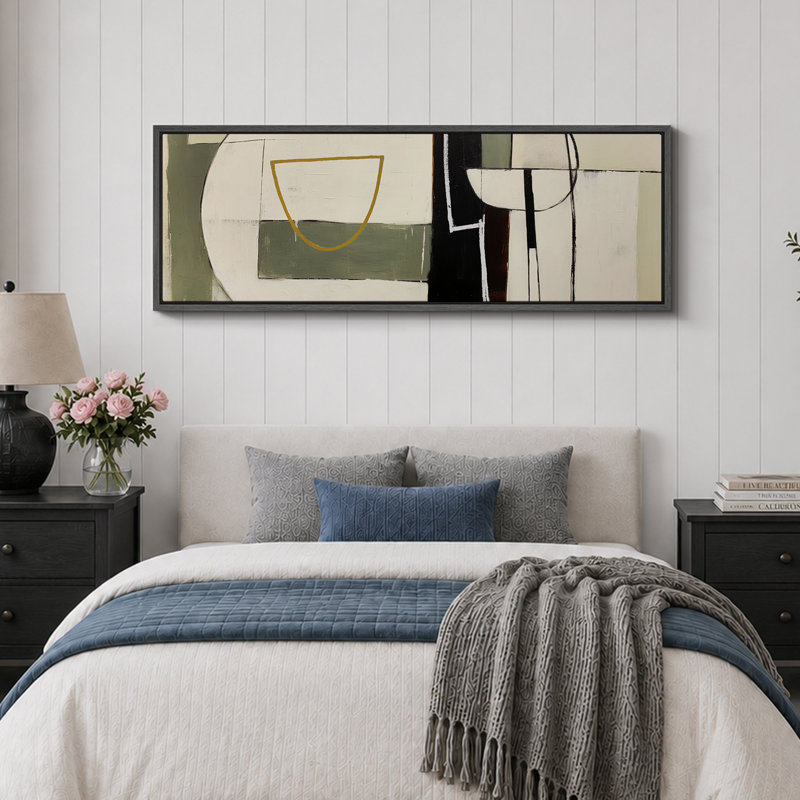 «Mid Century Shape Abstract Geometric Shapes», reproduction encadrée sur toile, H 20 po x l 60 po, Noir, noir, noir, noir