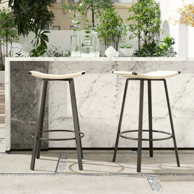 Counter Height Bar Stools Backless Handwoven Kitchen Dining Chairs With Round Footrest Set Of 2 PVC Weaving Pub Stool For Indoor & Outdoor