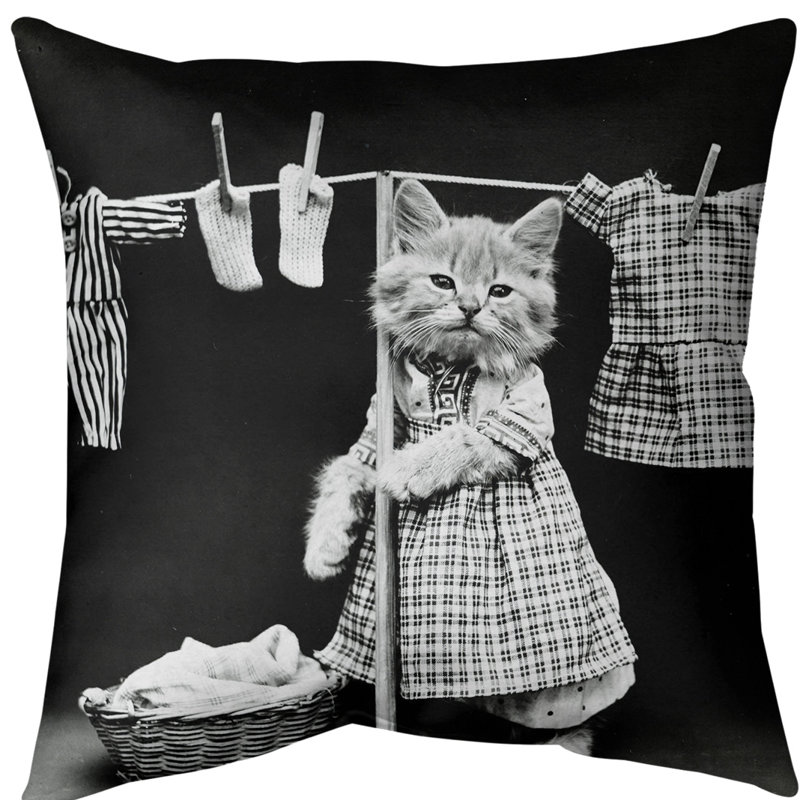 Coussin décoratif photo chat à lessive, 14 po x 14 po, Faux lin