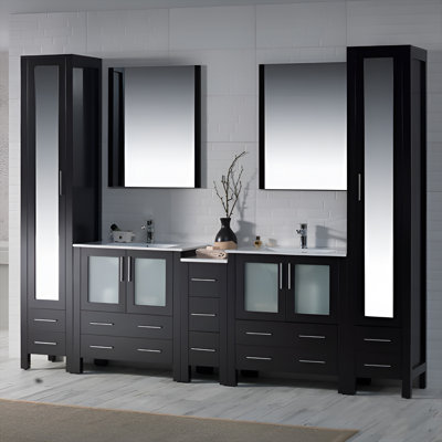 Ensemble de meuble-lavabo double 102 po - Armoire en bois massif, lavabos doubles en céramique, tiroirs à fermeture en douceur, armoire latérale, miroirs et tours en lin