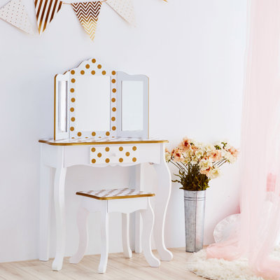 Teamson Kids Gisele Wooden Play Vanity Set with Tri-Fold Mirror, Storage Drawer, Matching Stool and Kids Makeup Table for Ages 3+