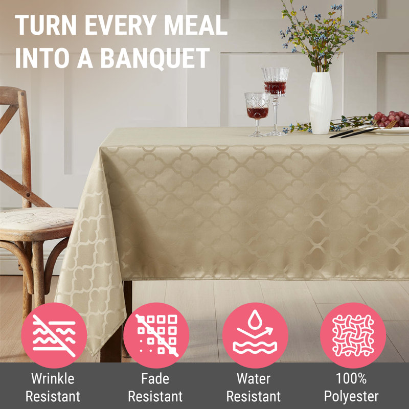 Sarok Rectangle Geometric Jacquard Tablecloth, 144" L x 60" W, Taupe