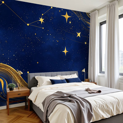 Peel and Stick Wallpaper 96" W x 69" H Modern Self Adhesive Wall Mural for Bedroom Golden Starry Night Sky Constellations Cosmic Waves Outer Space Nebula