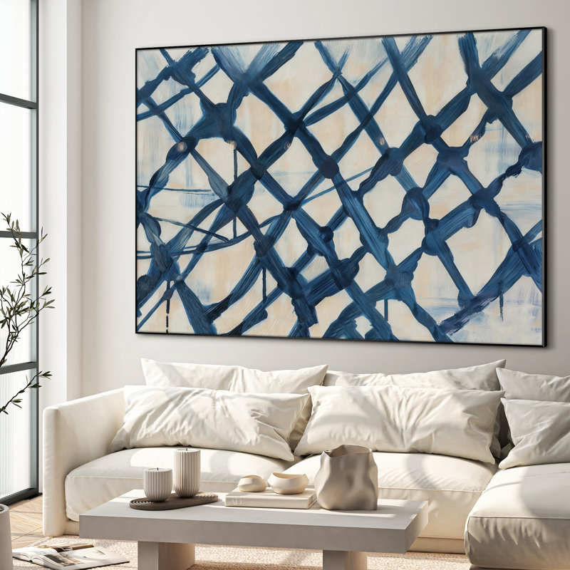 Très grand art mural imprimé sur toile - audacieux motif quadrillé bleu marine abstrait sur fond neutre pour salon ou chambre à coucher
