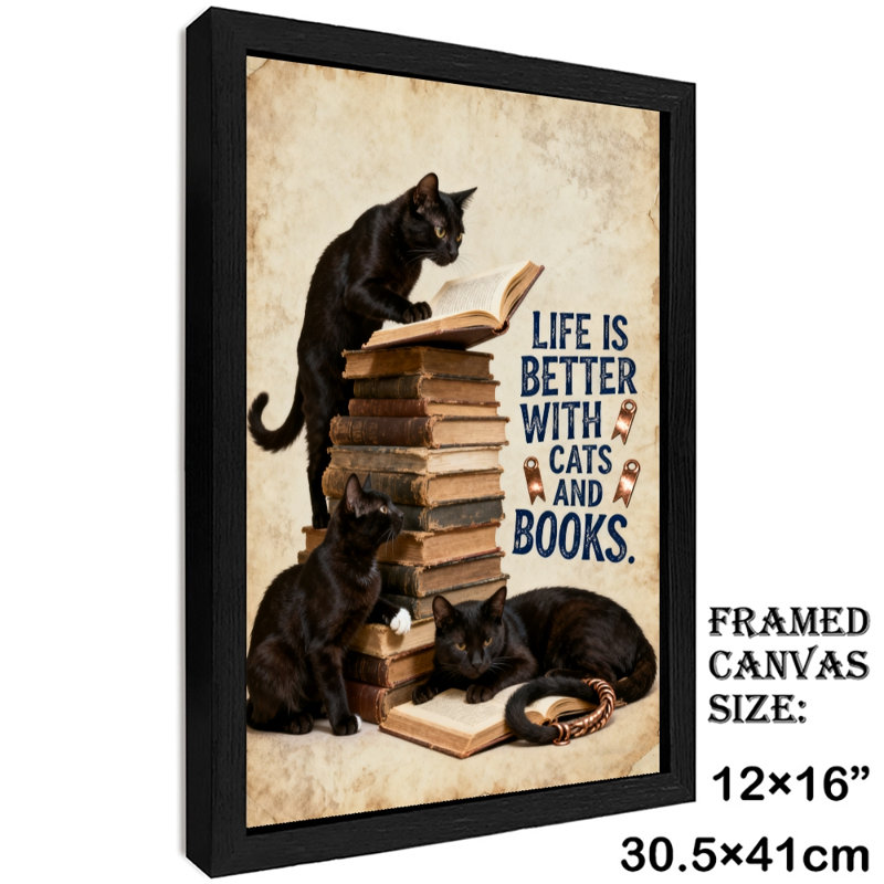 Art rétro encadré noir «LA VIE EST MIEUX AVEC CHIENS ET BOOKS», H 17 po x l 13 po