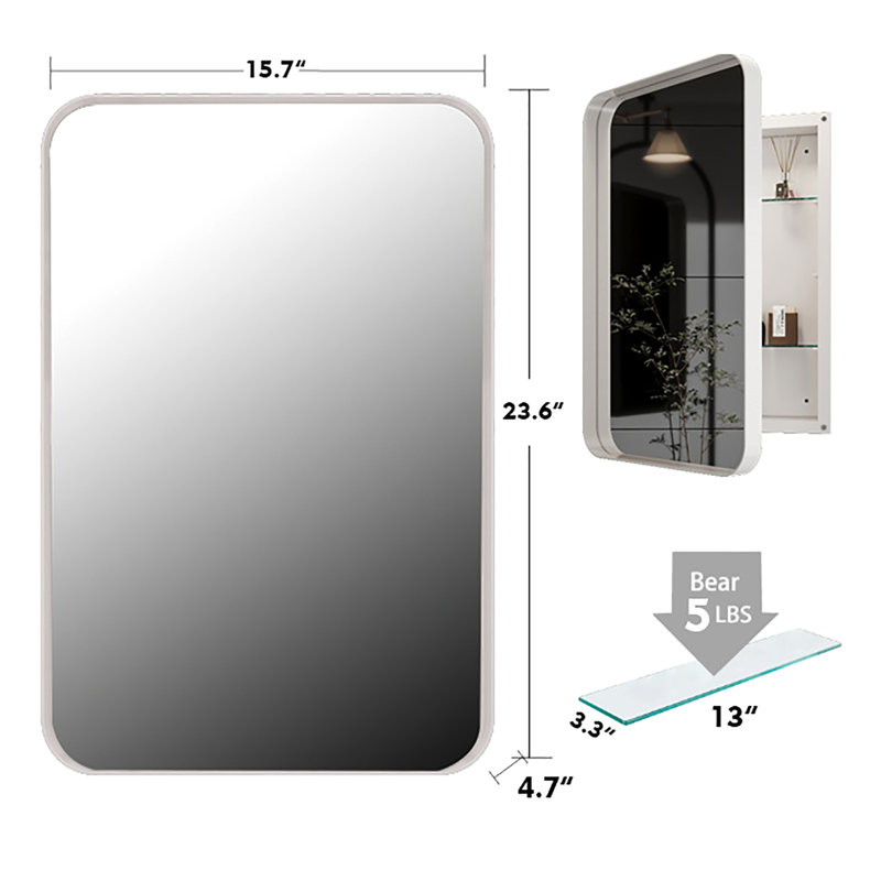 Armoire à pharmacie encastrée 16 po x 24 po avec miroir et tablettes réglables, Blanc