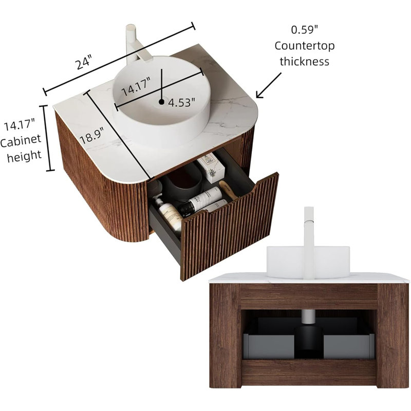 Floating Bathroom Vanity with Sink, Ceramic Basin and Marble Top, Large Drawer, Pre-Assembled, 24