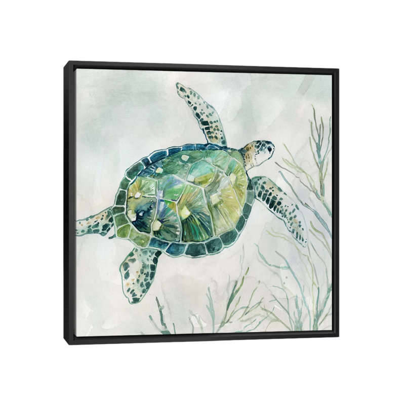 «Seaglass Turtle I» par Carol Robinson - reproduction, H 18 po x l 18 po x 1,5 po, Toile avec cadre noir, Pas de tapis
