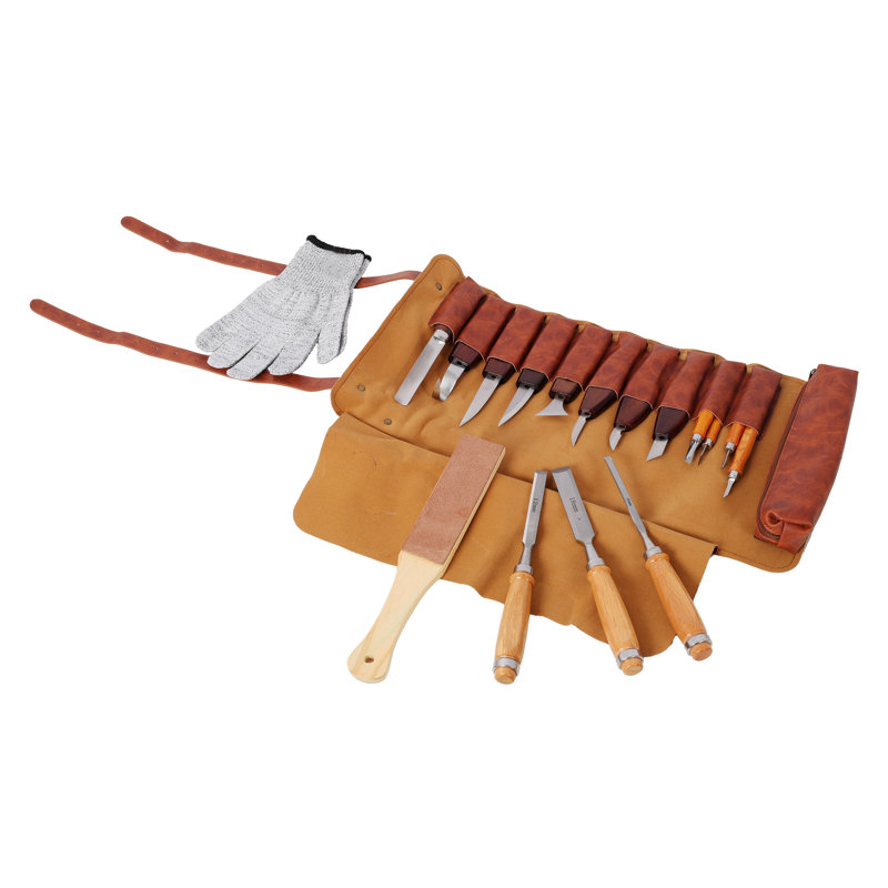 Ensemble de 20 outils de sculpture sur bois avec sac de rangement enroulable en cuir PU, couteaux à sculpter, ciseaux à bois et accessoires d'affûtage pour débutants et amateurs.