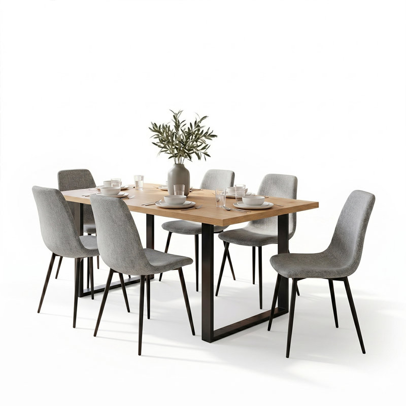 7-Piece Rectangular Dining Set With 6 Upholstered Side Chairs, Gray