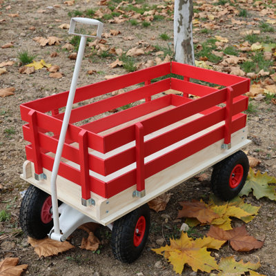 Wooden Stake Side Garden Wagon - 176lbs Capacity Steel Utility Cart With Foldable Handle & Pneumatic Tires For Kids, Yard Work, Toy Storage & Outdoor Adventure