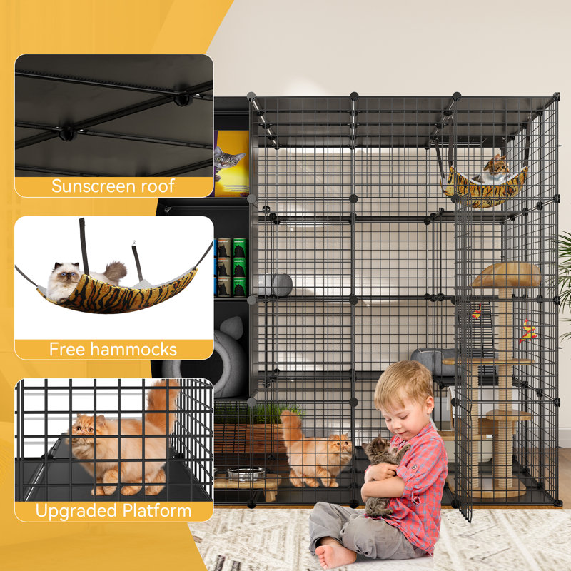 Tucker Murphy Pet™ Large Cat Cage With Storage Cube DIY Indoor Catio Cat Enclosures Metal Cat Playpen With Large Hammock