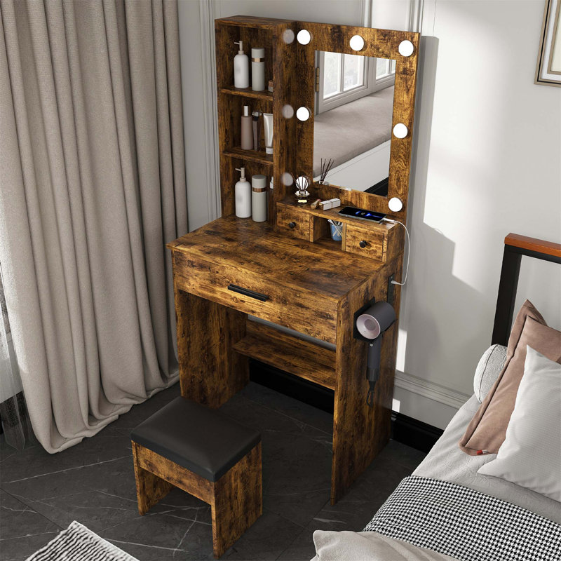 Vintage Vanity Table With Mirror, Adjustable LED Lights, Power Outlet, Hairdryer Holder & Stool – Compact Dressing Desk For Small Bedrooms
