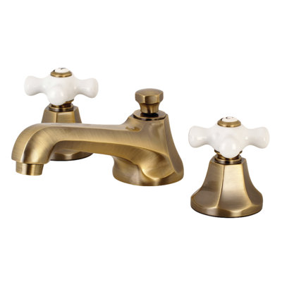 Kingston Brass Metropolitan Two-Handle 3-Hole Deck Mount Widespread Bathroom Faucet with Brass Pop-Up Drain