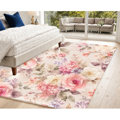 Vintage Floral Machine Washable Area Rug with Non‑Slip Backing, Roses Pattern Floor Carpet, Cozy Indoor Home Decor for Living Room, Bedroom, Entryway, Kitchen, Balcony, Apartment