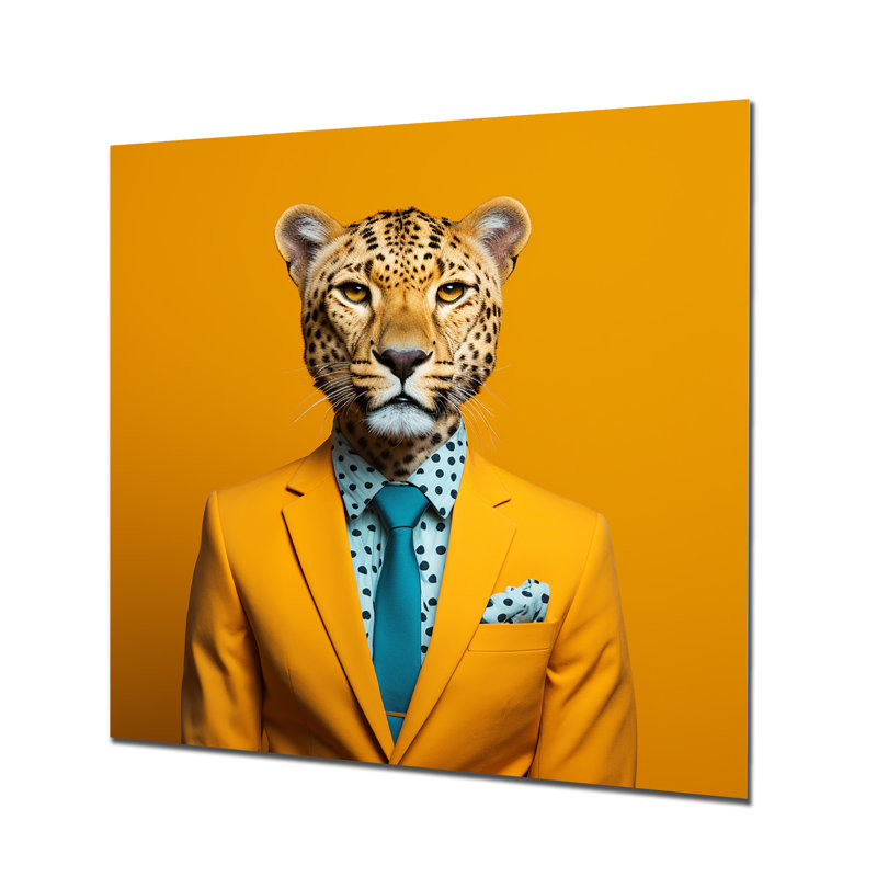 Art mural en métal jaune et bleu avec guépard, H 36 po x l 36 po x P 1,5 po