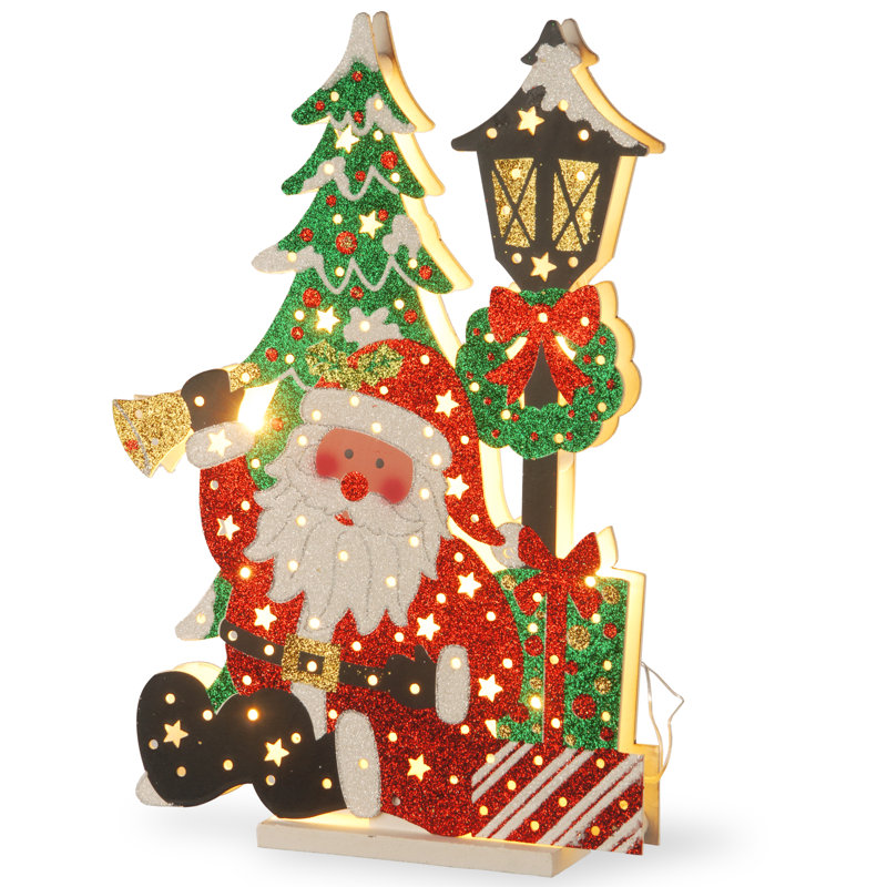 Scène de père Noël en bois pré-éclairée 17,5 po